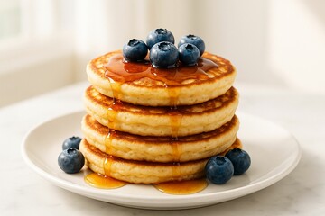 Stack of Pancakes with Maple Syrup and Fresh Blueberries
