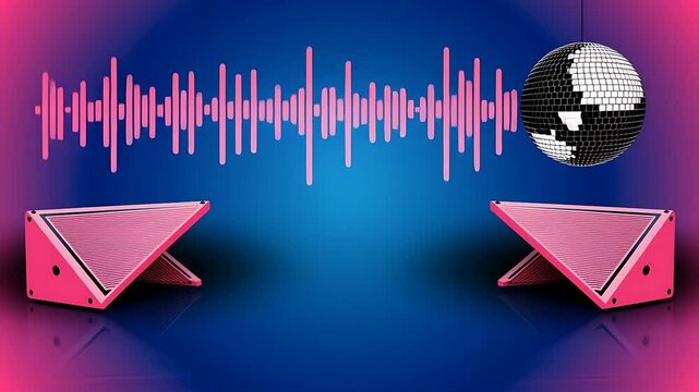 Abstract digital art featuring audio waves and a disco ball.  Two triangular, pink objects positioned on a dark blue background