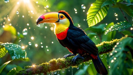 Vibrant toucan on mossy branch in sunlit jungle