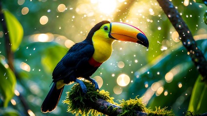 Vibrant toucan perched in sunlit lush jungle