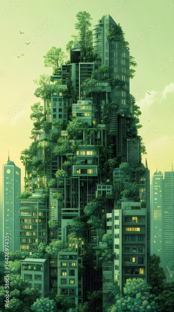 Poster 緑豊かな高層ビル群 未来都市の風景 建物と植物の調和した景観 自然と都市の共存を描くデジタルアート
