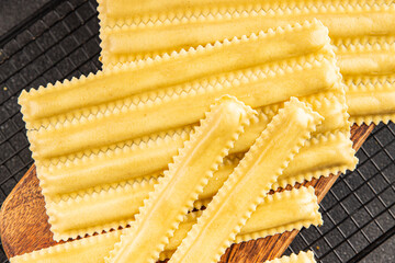 Parpadelle stuffing mushrooms pasta dish vegetables fresh delicious gourmet food background on...