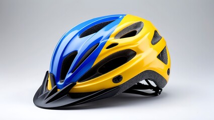 Vibrant yellow and blue bicycle helmet isolated
