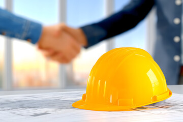 Construction Collaboration: Handshake Agreement with Safety Gear and Blueprints