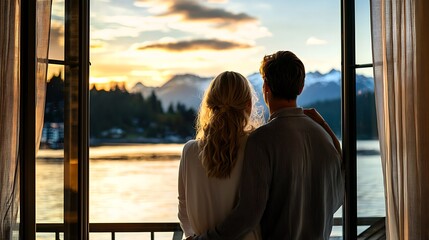 Couple is looking out the window at the water