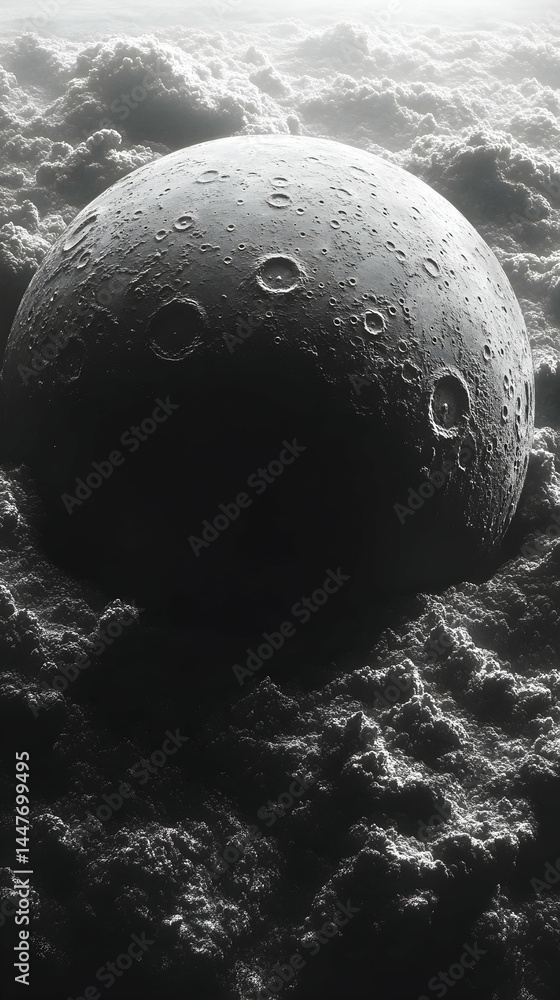 Poster a grayscale depiction of a cratered celestial body possibly a moon or asteroid partially submerged w
