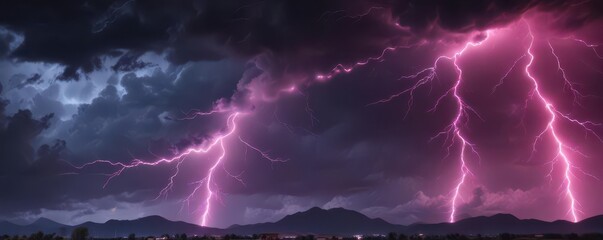 Bright pink neon lightning bolts streak across a dark cloudy sky , intense, dazzling, photography