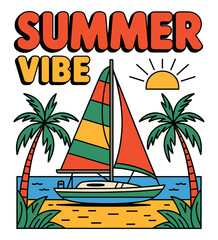 Sailing boat on the beach with tropical trees and sun above it. Summer vacation and holiday vibe concept. Graphic design element for sticker or print.