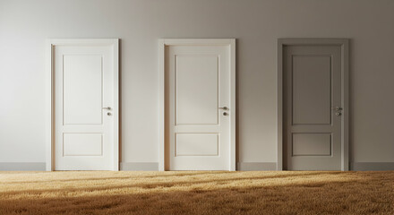 Three Minimalist Doors in a Modern Interior Setting with Carpeting