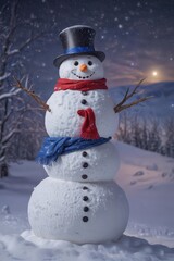 Fototapeta premium Charming snowman, starry night, snowy landscape, trees, frozen, serene