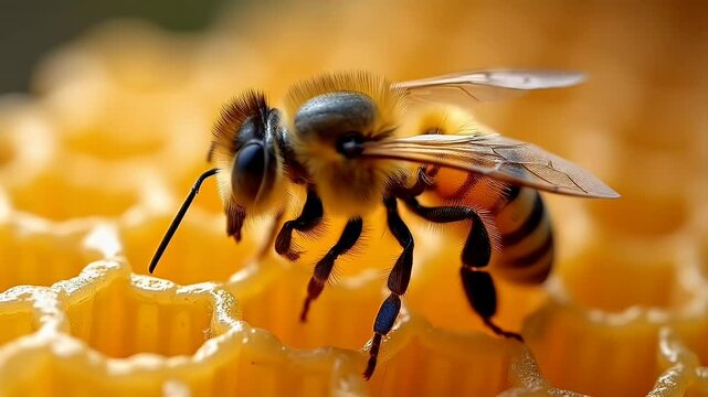 Close up honeybee standing on honeycomb cell structure
