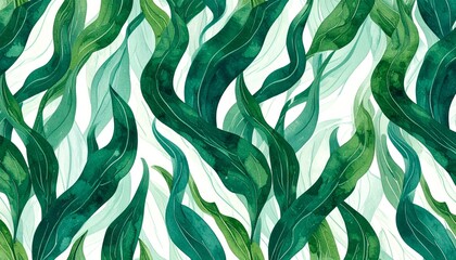 Abstract Watercolor Painting of Green and Teal Aquatic Plants on White