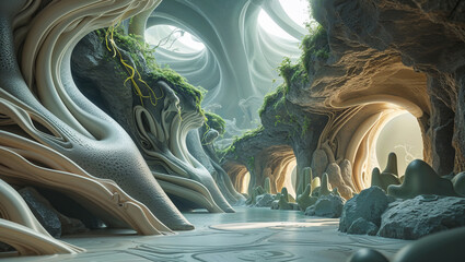 Surreal alien landscape with mossy cliffs and intricate rock formations
