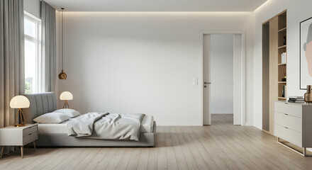 Fototapeta premium Modern Minimalist Bedroom Interior with Neutral Color Palette