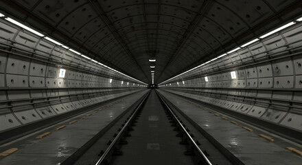 Fototapeta premium Dark Subway Tunnel with Straight Tracks and Minimal Lighting
