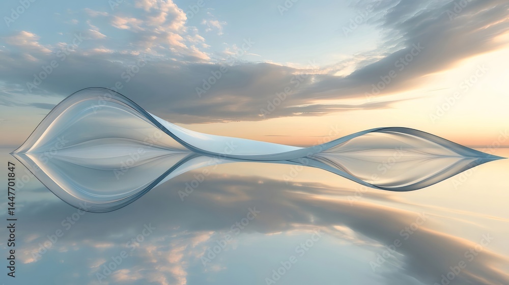 Poster 穏やかな夕暮れ時の空に浮かぶ抽象的な曲線構造物の水面反射 青とオレンジの色合い