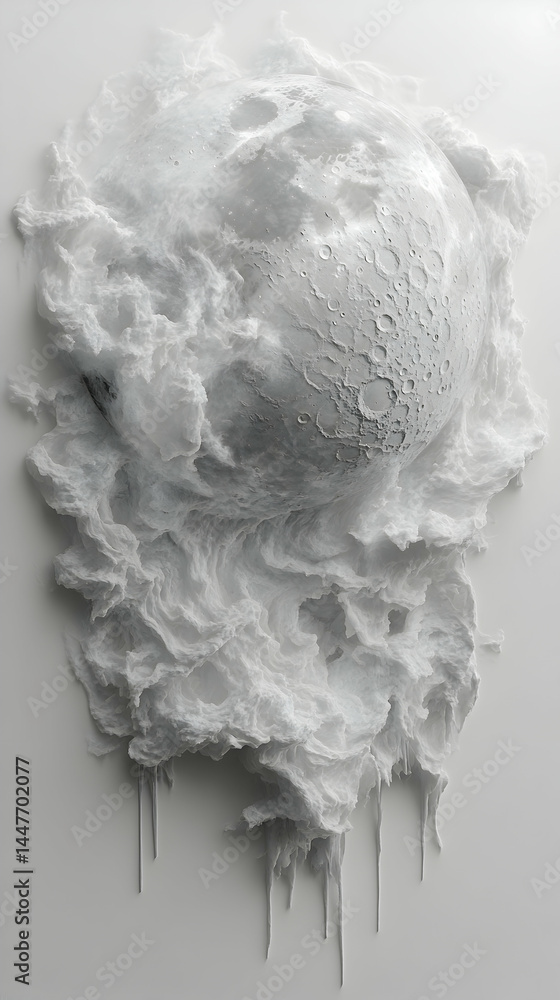 Poster lunar surface embedded in a swirling textured cloud-like mass with icicle-like formations dripping d