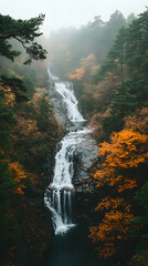 Misty waterfall cascading down rocky terrain surrounded by lush green and vibrant autumn foliage  The scene is shroude