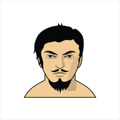 Vector illustration of a confident man with styled mustache and goatee, short black hair, and serious expression, isolated on white background in a minimalist cartoon style.