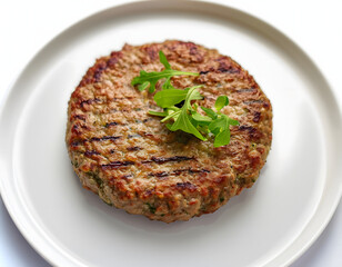 Grilled burger patty with fresh arugula on white plate, presenting culinary delights