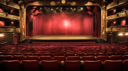Elegant theater interior with rows of red seats, golden balcony rails, and a large stage awaiting performance, no audience present