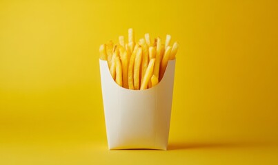 Fresh Crispy French Fries in a White Paper Container on Yellow Background