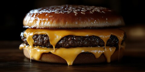 Juicy cheeseburger with melted cheese and sesame seed bun served on a wooden table