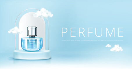 Perfume spray bottle on podium with clouds banner