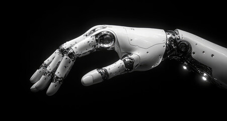 Close-up of a detailed robotic hand, light gray, with visible mechanical components, intricate design, and a dark background.  