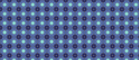 Moroccan Floral Motifs in Navy Diamond Grid Pattern with Bronze Outlines, Repeating Geometric Design with Radiating Dot Clusters, Symmetrical Surface Texture
