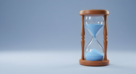 Classic hourglass with blue sand on a minimalistic background