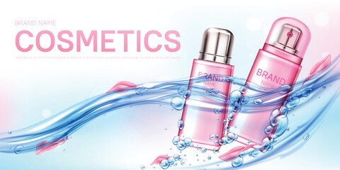 Pink spray bottle female perfume in water flow
