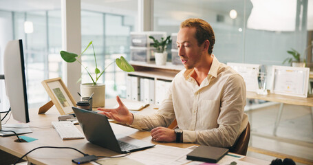 Laptop, business man and video call in office for accounting, financial conference and...