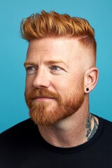 Obraz premium Concept graphic drawing of style for aging men. Elegant men's mid fade haircut - midlife white man with red hair. Blue solid background. A strong and handsome man standing with grace.