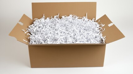 Kraft box mailer filled with shredded recycled paper and hand-stamped branding