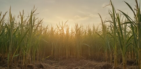 Obraz premium Bending sugarcane stalk in a field, earthy tones, agricultural scene, warm sunlight, plant, landscape