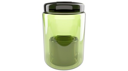 A glass jar filled with a refreshing green smoothie is prominently displayed alone on a clean white background, showcasing a creation possibly made with generative AI. The vibrant green color of the 