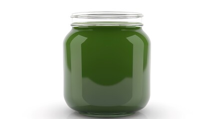 A glass jar filled with a refreshing green smoothie is prominently displayed alone on a clean white background, showcasing a creation possibly made with generative AI. The vibrant green color of the 