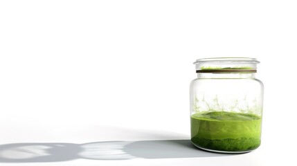 A glass jar filled with a refreshing green smoothie is prominently displayed alone on a clean white background, showcasing a creation possibly made with generative AI. The vibrant green color of the 