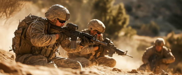 Fototapeta premium Three soldiers in action during military operation in desert