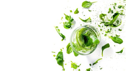 A glass jar filled with a refreshing green smoothie is prominently displayed alone on a clean white background, showcasing a creation possibly made with generative AI. The vibrant green color of the 