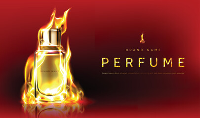 Promo banner with perfume bottle in fire flame
