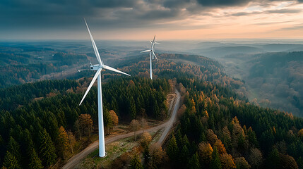 Wind Turbines in Autumn Forest Landscape at Sunset