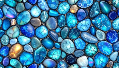 Close up View Of Varied Blue And Teal Pebbles With Embedded Patterns