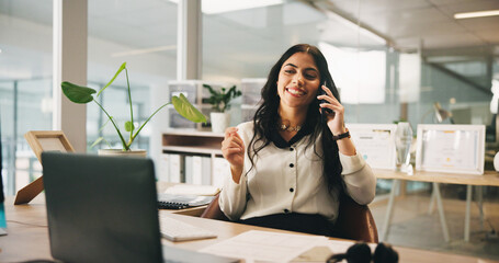 Business, phone call and woman in office, smile and conversation with financial advisor. Laptop,...