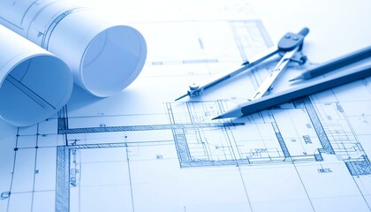 Architectural blueprints, compass, pencil, design, construction, home building, planning, engineering.