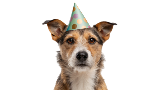 cute dog with birthday hat isolated