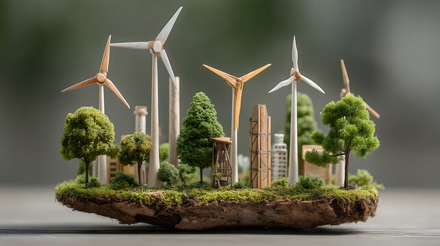 Sustainable Eco City Concept with Wind Turbines and Green Trees on Floating Island