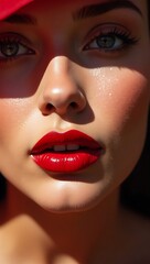 Fototapeta premium Close-up of a Beautiful Woman's Face with Red Lipstick in Sunlight, Expressive Eyes.