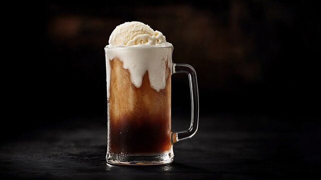 Fizzy root beer float glass mug vanilla ice cream and foam overflow placed on a black textured background USA retro diner dessert drink nostalgic sweet treat cut out on isolated transparent background